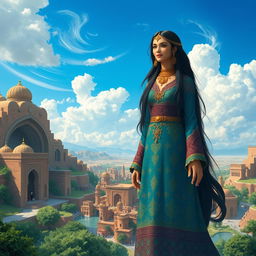 A majestic Iranian giantess standing tall in a vibrant landscape filled with ancient Persian architecture