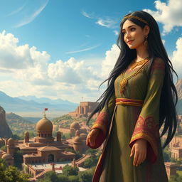 A majestic Iranian giantess standing tall in a vibrant landscape filled with ancient Persian architecture