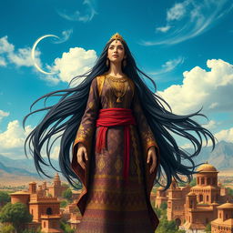 A majestic Iranian giantess standing tall in a vibrant landscape filled with ancient Persian architecture