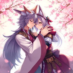A highly detailed illustration of an adult anime character with fox ears and a tail, engaging in an intimate embrace with a partner, set in a vibrant, fantasy world filled with cherry blossom trees and soft glowing lights