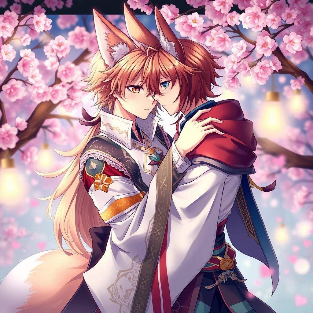 A highly detailed illustration of an adult anime character with fox ears and a tail, engaging in an intimate embrace with a partner, set in a vibrant, fantasy world filled with cherry blossom trees and soft glowing lights