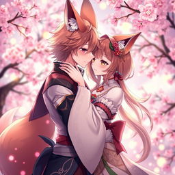 A highly detailed illustration of an adult anime character with fox ears and a tail, engaging in an intimate embrace with a partner, set in a vibrant, fantasy world filled with cherry blossom trees and soft glowing lights