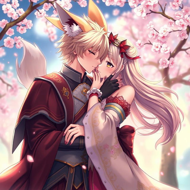 A highly detailed illustration of an adult anime character with fox ears and a tail, engaging in an intimate embrace with a partner, set in a vibrant, fantasy world filled with cherry blossom trees and soft glowing lights