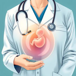 A medical-themed illustration featuring the upper body of a doctor in a lab coat, with a stethoscope draped around their neck and held in their hands