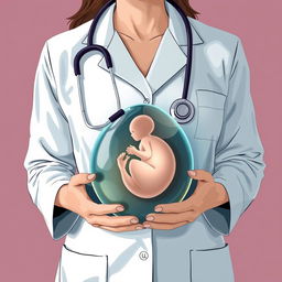 A medical-themed illustration featuring the upper body of a doctor in a lab coat, with a stethoscope draped around their neck and held in their hands