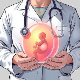 A medical-themed illustration featuring the upper body of a doctor in a lab coat, with a stethoscope draped around their neck and held in their hands
