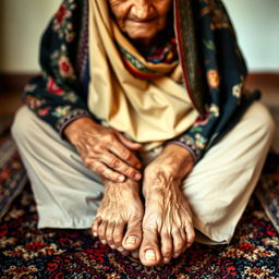 An elderly Iranian woman sitting gracefully, showcasing an intricate Persian rug underneath her, her weathered hands resting on her knees