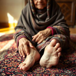 An elderly Iranian woman sitting gracefully, showcasing an intricate Persian rug underneath her, her weathered hands resting on her knees