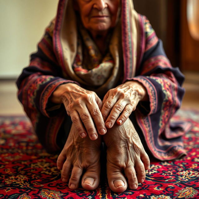 An elderly Iranian woman sitting gracefully, showcasing an intricate Persian rug underneath her, her weathered hands resting on her knees