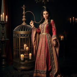 A powerful Iranian femdom woman dressed in an intricately designed traditional Persian outfit, holding a whip, standing confidently next to a luxurious cage