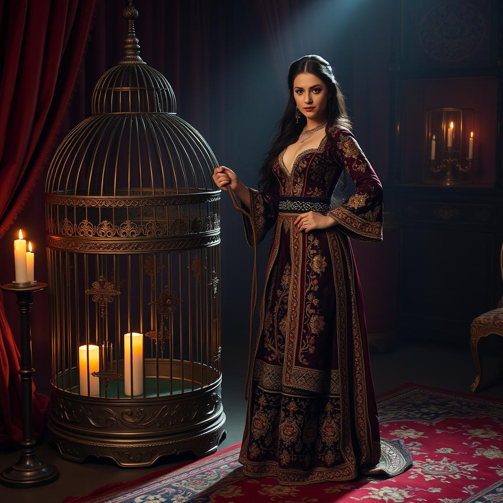 A powerful Iranian femdom woman dressed in an intricately designed traditional Persian outfit, holding a whip, standing confidently next to a luxurious cage