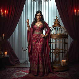 A powerful Iranian femdom woman dressed in an intricately designed traditional Persian outfit, holding a whip, standing confidently next to a luxurious cage