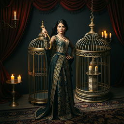 A powerful Iranian femdom woman dressed in an intricately designed traditional Persian outfit, holding a whip, standing confidently next to a luxurious cage