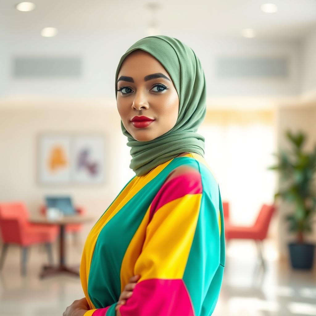 A stunning woman wearing a stylish hijab elegantly displaying her fashion sense