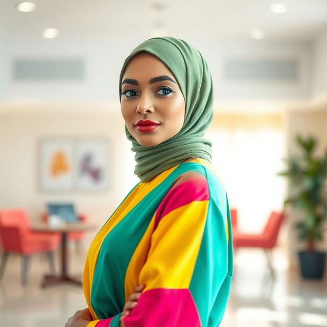 A stunning woman wearing a stylish hijab elegantly displaying her fashion sense