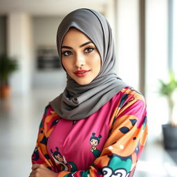 A stunning woman wearing a stylish hijab elegantly displaying her fashion sense