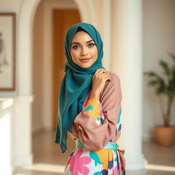 A stunning woman wearing a stylish hijab elegantly displaying her fashion sense