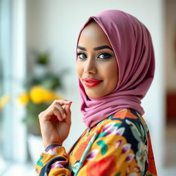 A stunning woman wearing a stylish hijab elegantly displaying her fashion sense