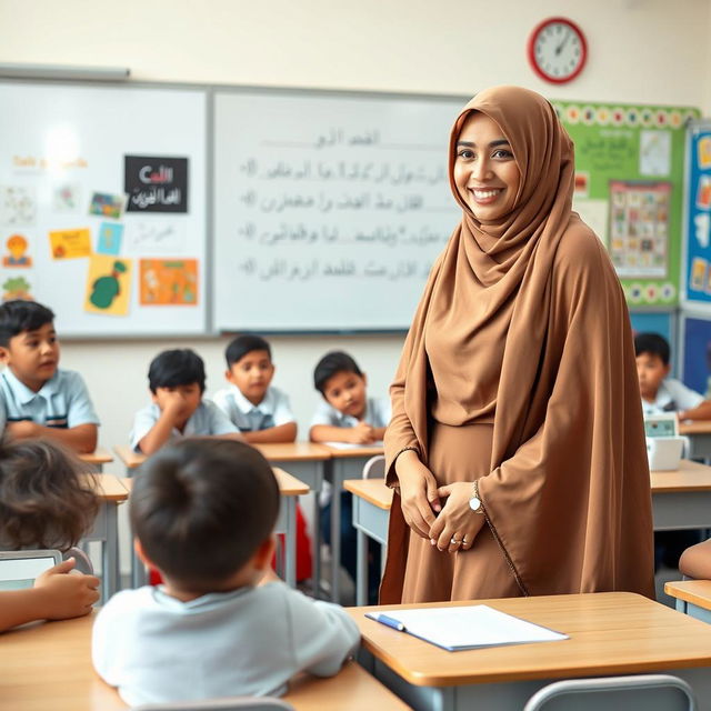 A classroom scene featuring a 25-year-old Muslim female teacher wearing a stylish, modern burqa that has a swimsuit-inspired design, showcasing a two-piece look