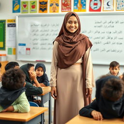 A classroom scene featuring a 25-year-old Muslim female teacher wearing a stylish, modern burqa that has a swimsuit-inspired design, showcasing a two-piece look