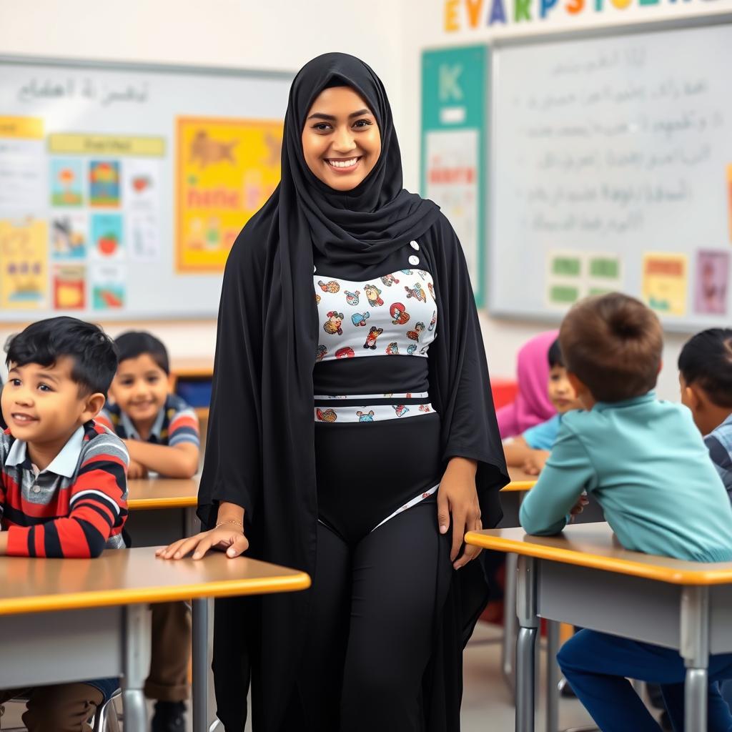 A classroom scene featuring a 25-year-old Muslim female teacher wearing a stylish, modern burqa that has a swimsuit-inspired design, showcasing a two-piece look