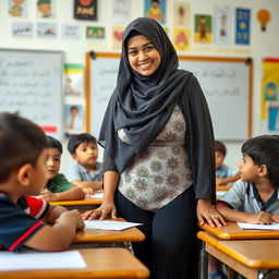 A classroom scene featuring a 25-year-old Muslim female teacher wearing a stylish, modern burqa that has a swimsuit-inspired design, showcasing a two-piece look