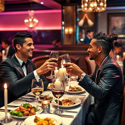 A lively and elegant restaurant setting featuring Cristiano Ronaldo and Neymar enjoying a dinner together
