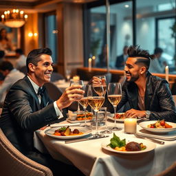 A lively and elegant restaurant setting featuring Cristiano Ronaldo and Neymar enjoying a dinner together