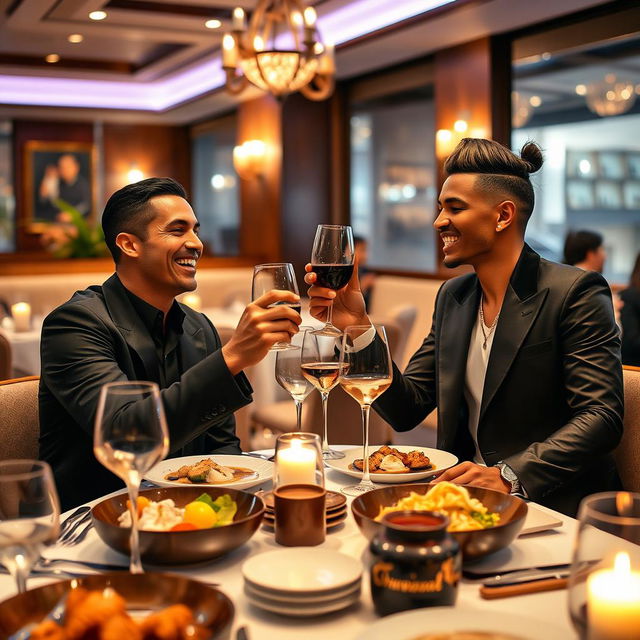 A lively and elegant restaurant setting featuring Cristiano Ronaldo and Neymar enjoying a dinner together