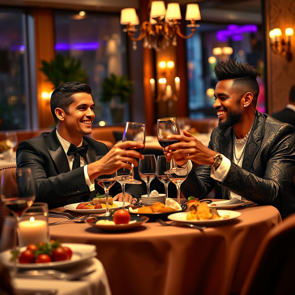 A lively and elegant restaurant setting featuring Cristiano Ronaldo and Neymar enjoying a dinner together