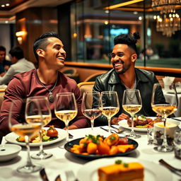 A high-energy dinner scene featuring two famous football players, Cristiano Ronaldo and Neymar Jr
