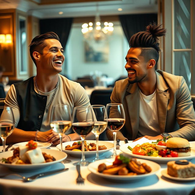 A high-energy dinner scene featuring two famous football players, Cristiano Ronaldo and Neymar Jr