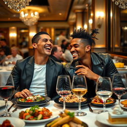 A high-energy dinner scene featuring two famous football players, Cristiano Ronaldo and Neymar Jr