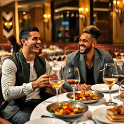 A high-energy dinner scene featuring two famous football players, Cristiano Ronaldo and Neymar Jr