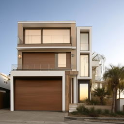 A three-story building with an integrated garage. The structure combines modern architectural design, with ample windows for natural light and a spacious garage.