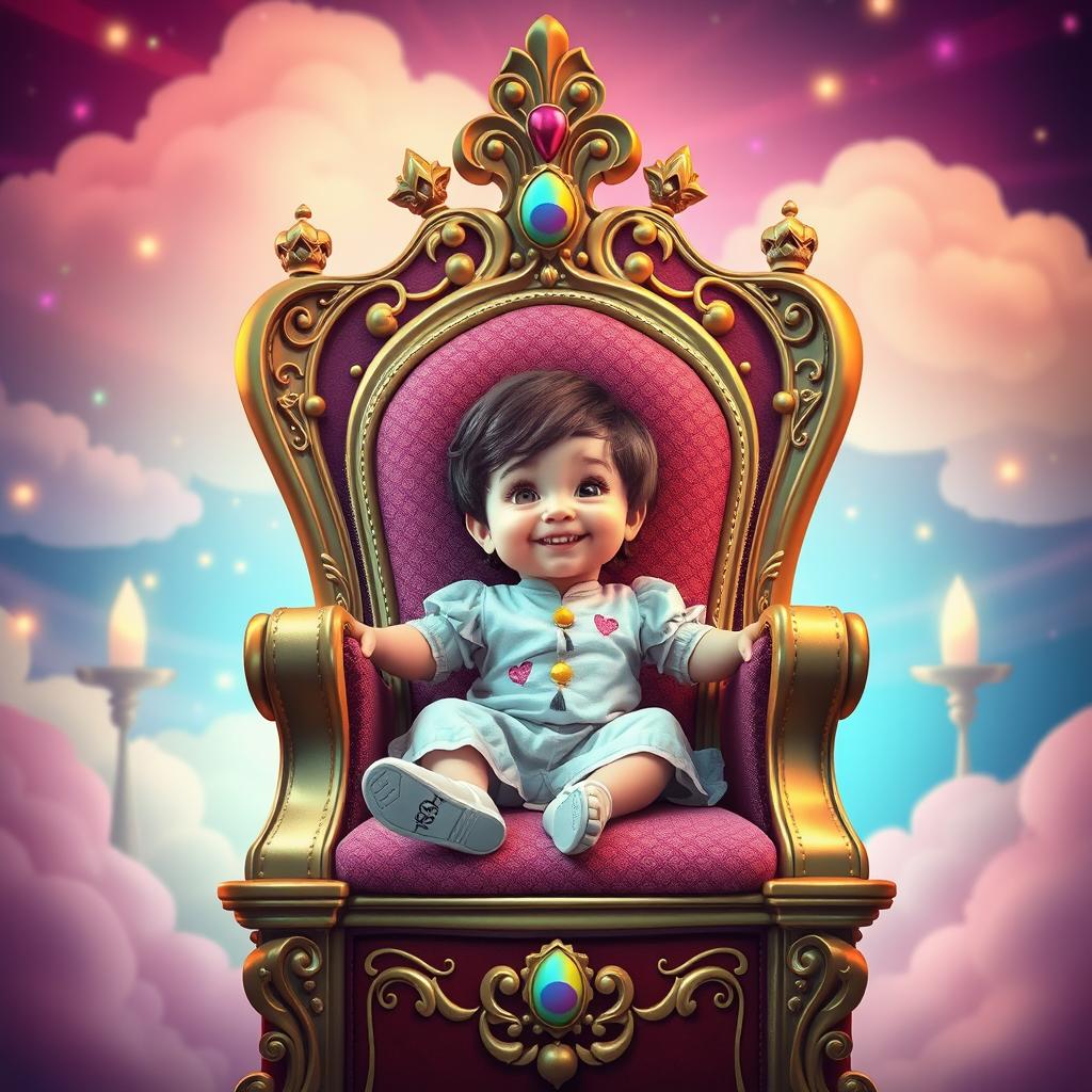 A whimsical and enchanting scene featuring a child sitting confidently on a grand throne