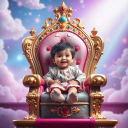 A whimsical and enchanting scene featuring a child sitting confidently on a grand throne