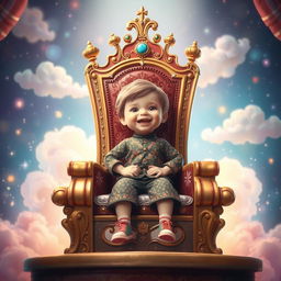 A whimsical and enchanting scene featuring a child sitting confidently on a grand throne