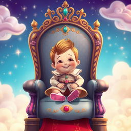 A whimsical and enchanting scene featuring a child sitting confidently on a grand throne
