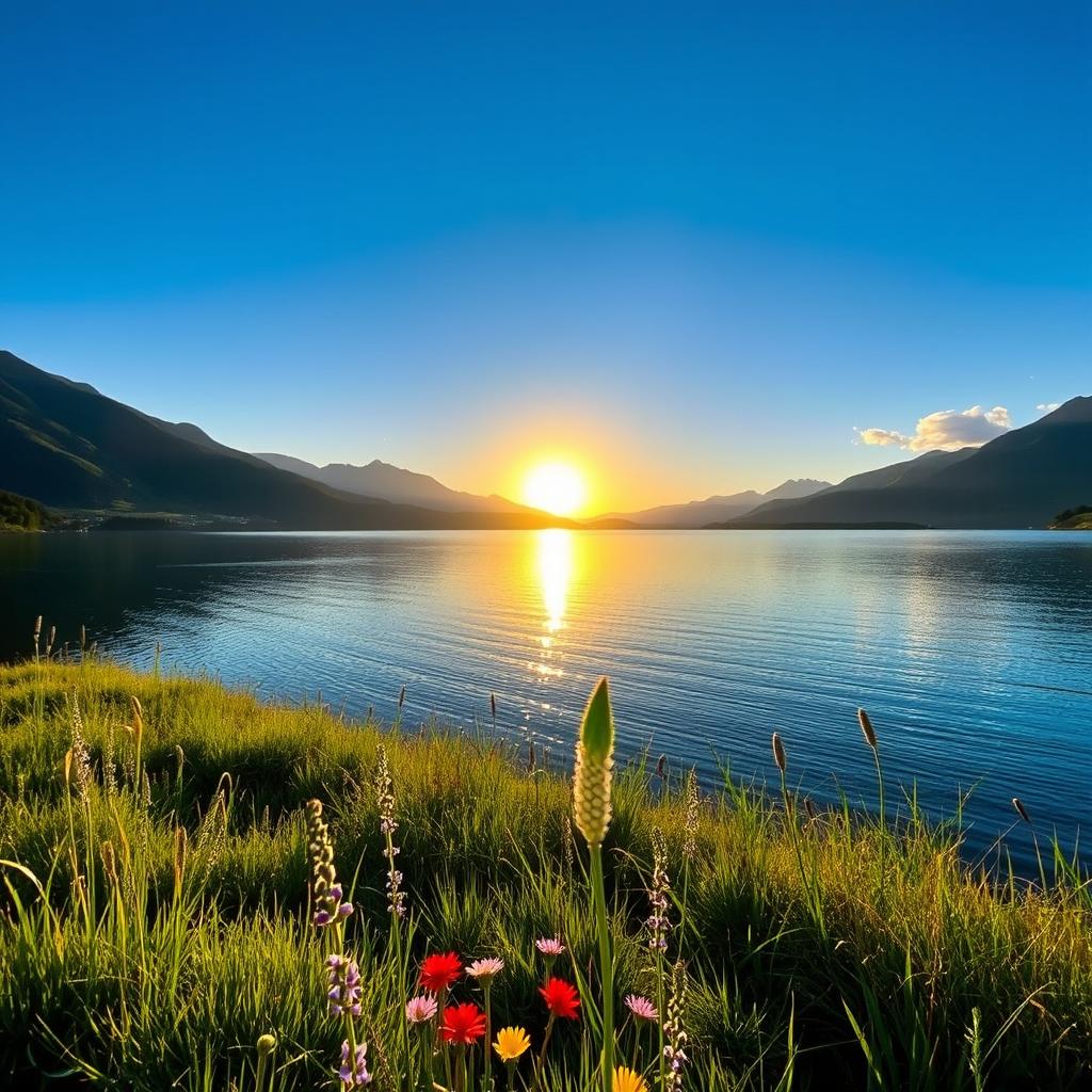 A serene and lush landscape featuring a tranquil lake surrounded by majestic mountains under a clear blue sky