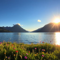 A serene and lush landscape featuring a tranquil lake surrounded by majestic mountains under a clear blue sky