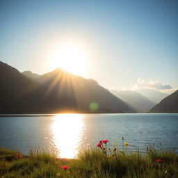 A serene and lush landscape featuring a tranquil lake surrounded by majestic mountains under a clear blue sky