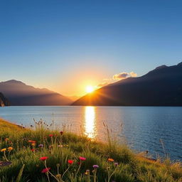 A serene and lush landscape featuring a tranquil lake surrounded by majestic mountains under a clear blue sky
