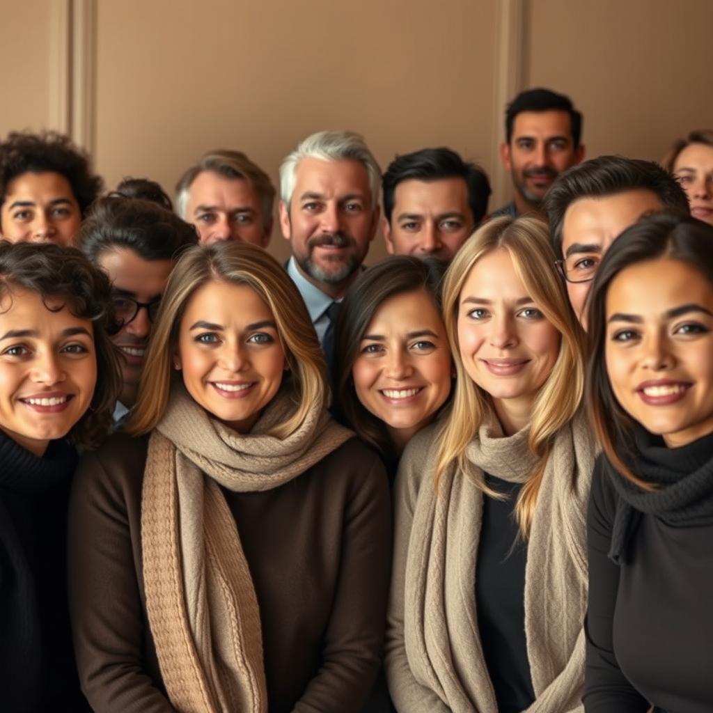 Edit a photo so that all individuals appear to be the same size, with uniform sharpness and brightness, creating the illusion that they were all captured together in the same moment