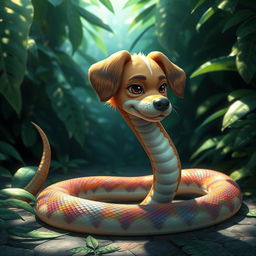 A fantastical creature blending features of a dog and a snake, showcasing a dog head on a serpentine body