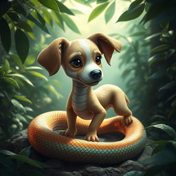 A fantastical creature blending features of a dog and a snake, showcasing a dog head on a serpentine body