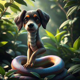 A fantastical creature blending features of a dog and a snake, showcasing a dog head on a serpentine body