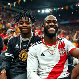 A vibrant scene featuring the rapper XXXTentacion wearing a Manchester United jersey, sitting casually beside the legendary footballer Didier Drogba