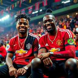 A vibrant scene featuring the rapper XXXTentacion wearing a Manchester United jersey, sitting casually beside the legendary footballer Didier Drogba