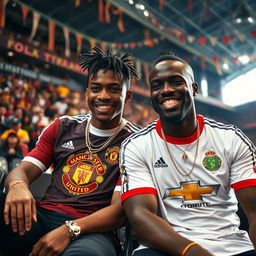 A vibrant scene featuring the rapper XXXTentacion wearing a Manchester United jersey, sitting casually beside the legendary footballer Didier Drogba
